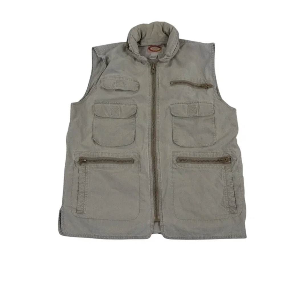 VTG Banana Republic Safari Vest Men Medium Khaki Cotton Utility Hooded Fishing‎